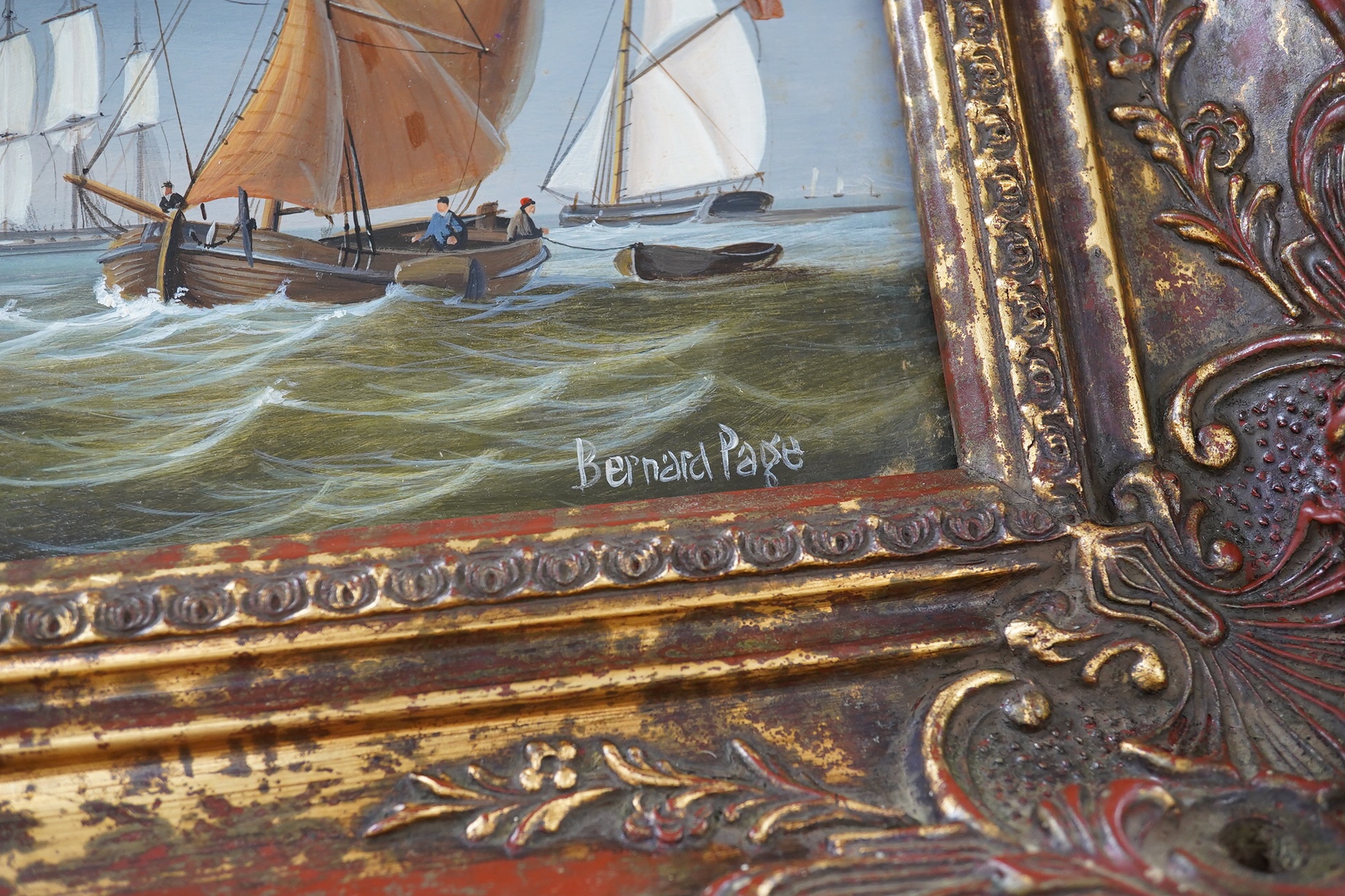 Bernard Page (1927-1988), Contemporary oil on board, Seascape with sailing boats, signed, 19 x 24cm, ornate gilt framed. Condition - good